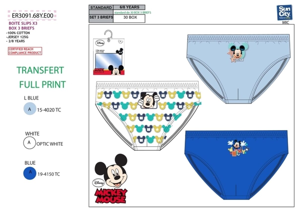 Set 3 Disney Mickey 100% cotton briefs for boys 6–8 years UE3091 - Ryfi  Online Store